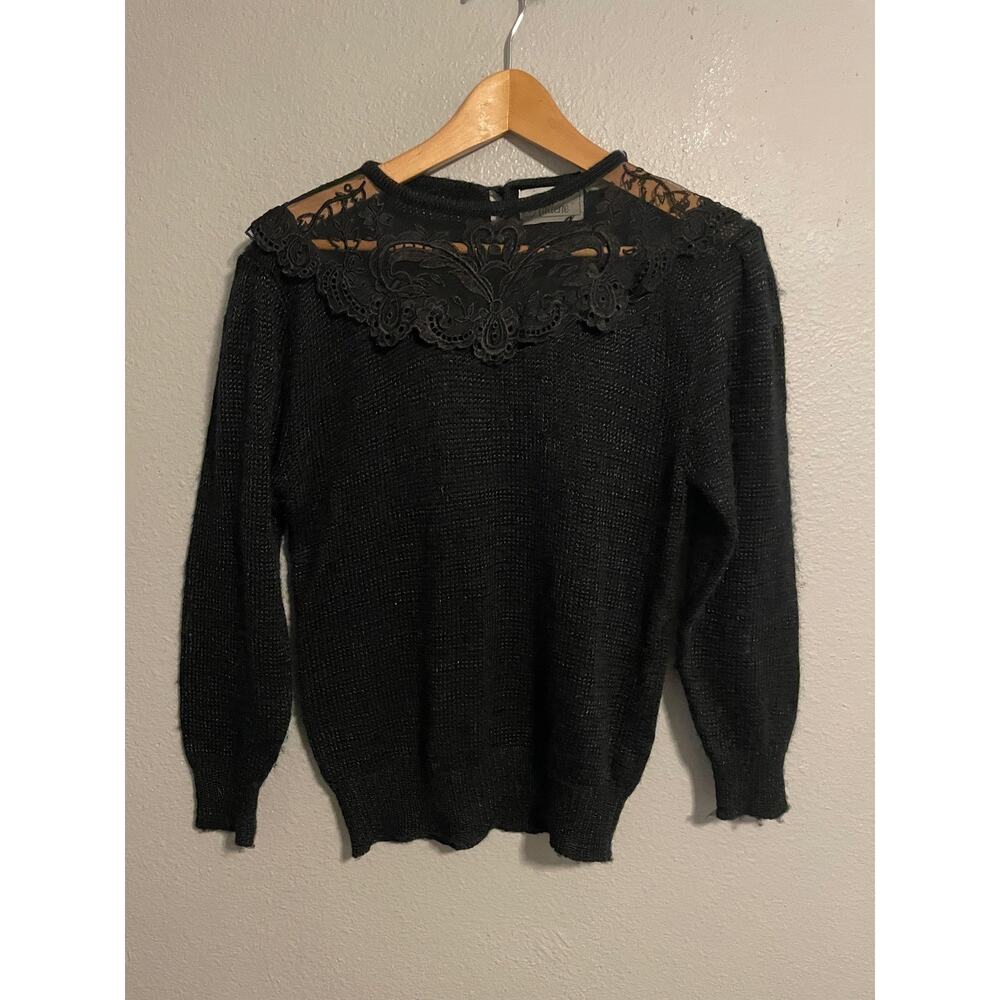 Vintage Ardene Sweater Womens Medium Black Lace Yoke Sheer Neck Open Knit 80s